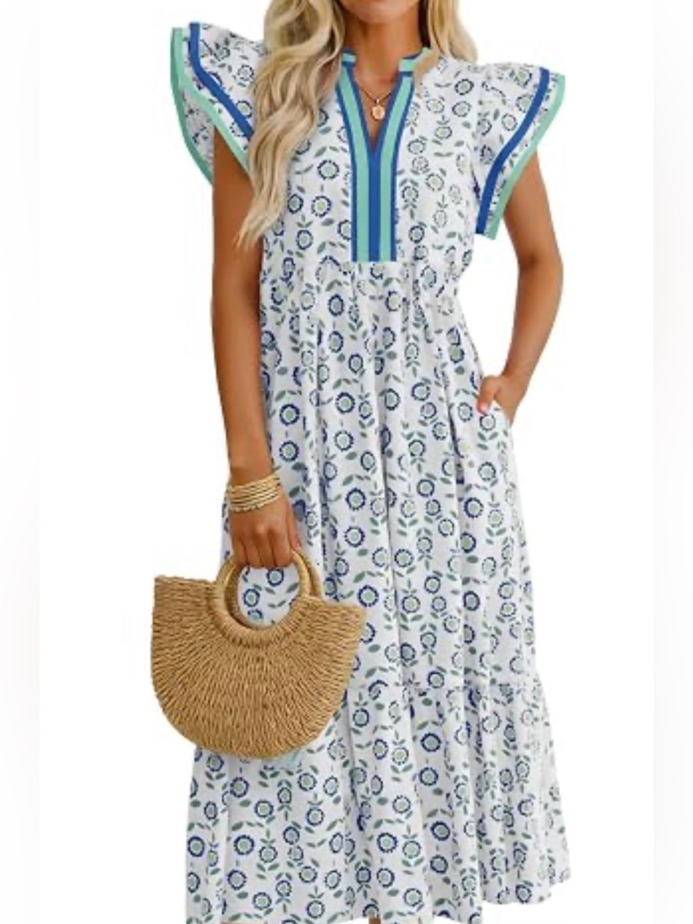entro White Maxi Dress with Blue Floral Print and Green Trim